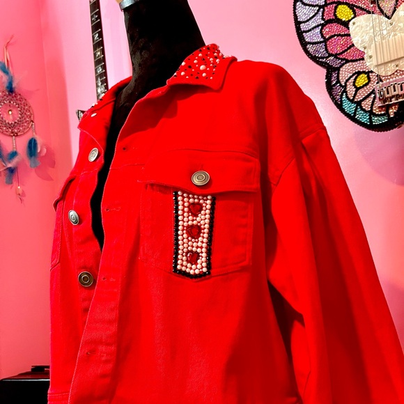 Red Rhinestone Card Design Women's Jacket - Picture 4 of 5